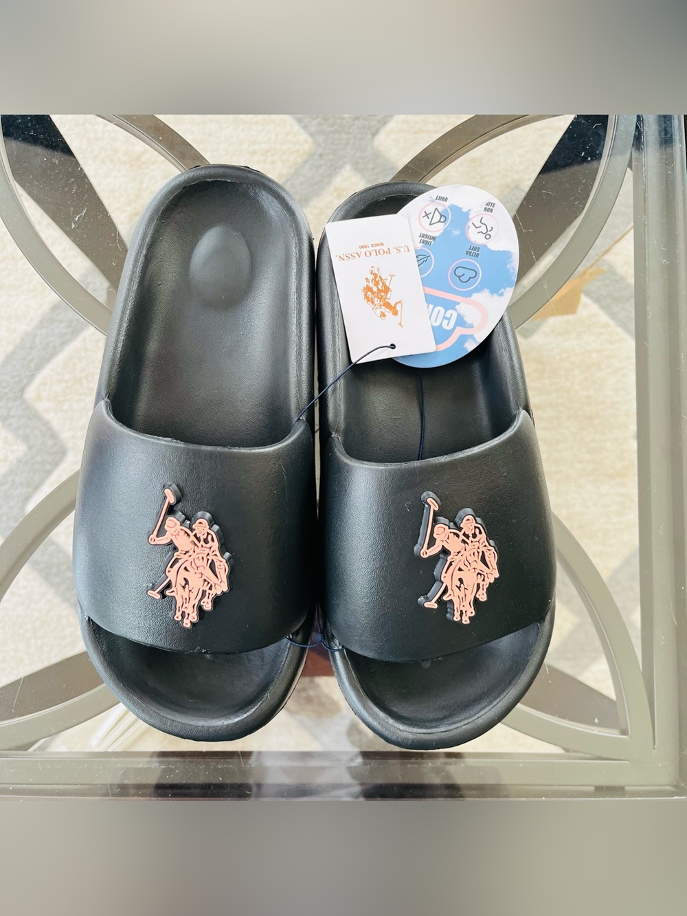 US Polo Assn Womens Comfort Slides Black Rose Gold Logo Sandals Size M (7-8) NEW